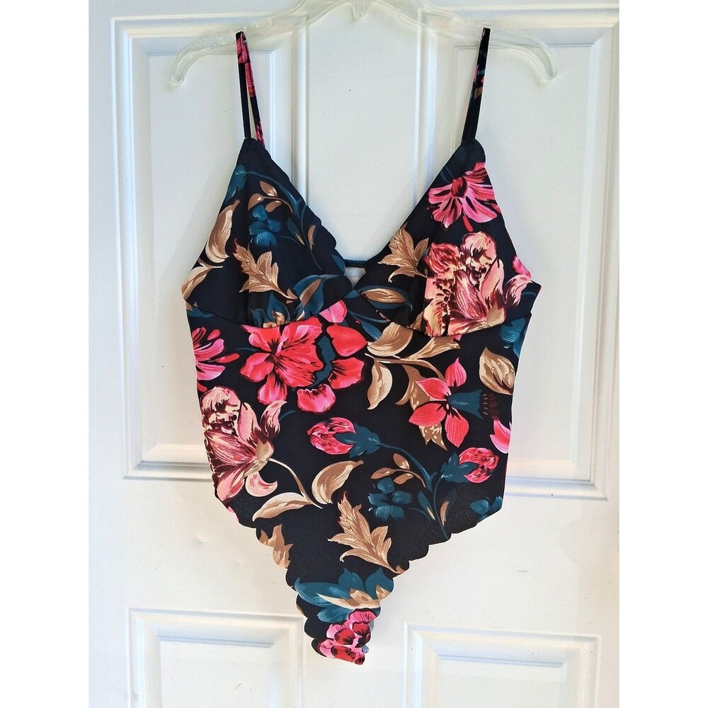 379 Women's Floral Print Bodysuit 2XL Bright Bold Flowers & Black